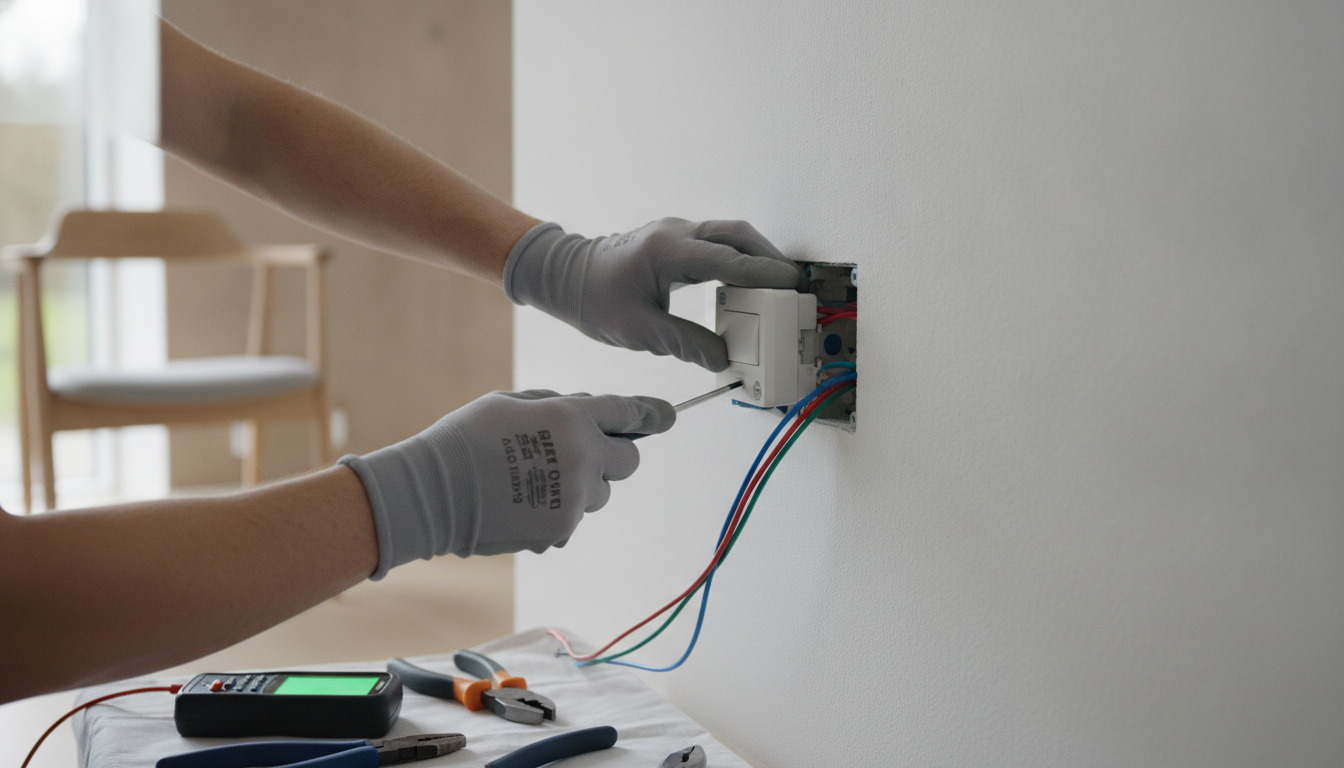 Elektrikers hænder i handsker installerer elektrisk stikkontakt i hvid væg med værktøj og farvede kabler synlige.