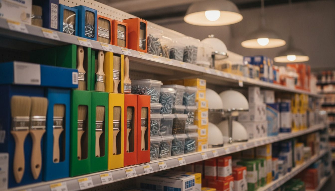 Farvede værktøjskasser og diy-produkter på hylder i en byggemarked.