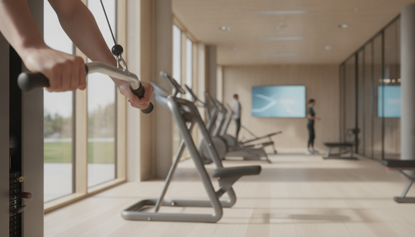 Nærbillede af hænder på træningsudstyr i moderne fitnessmiljø med naturlys.