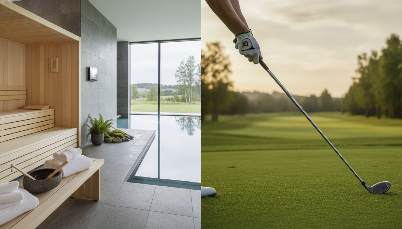 Komposit af spaindretning med træ-sauna og landskabsvindue, samt golfkøllen på golfbanen.