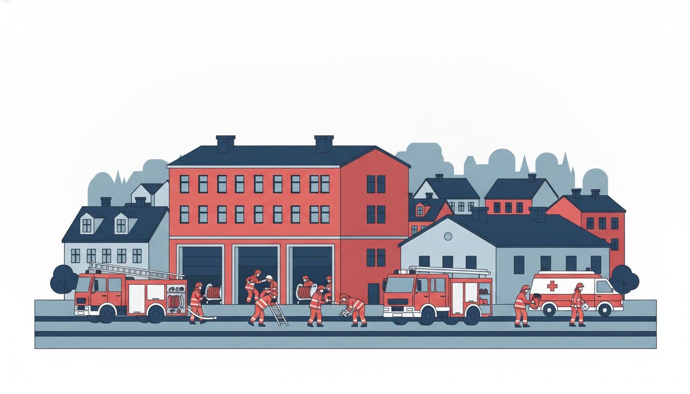 En dansk brandstation med rødt murstenshus, hvor brandmænd i orange uniformer træner med udstyr foran brandbiler og ambulance på gaden.