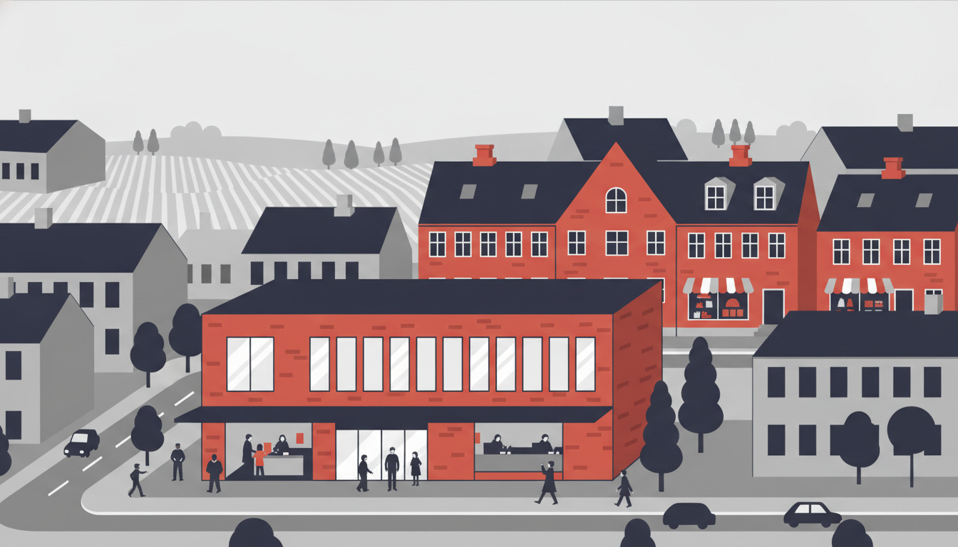 En moderne rød kommunal administrationsbygning med store vinduer og åben indgang, hvor borgere mødes med personale ved skranker. Historiske danske huse og tagterrasser ses i baggrunden.
