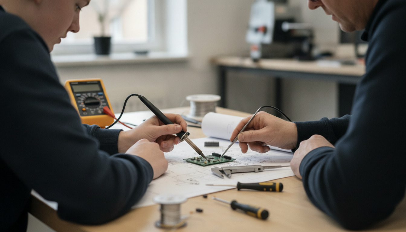 To personer arbejder sammen ved et arbejdsbord med tekniske værktøjer, elektronik og tegninger i et moderne værksted med naturligt lys.
