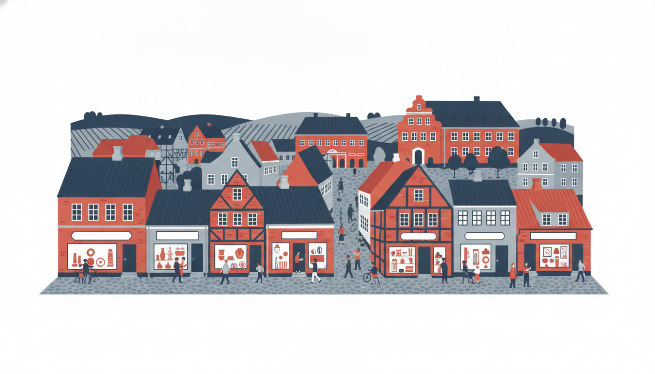 Ærøskobbings historiske hovedgade med traditionelle bindingsværksbygninger af rød tegl, åbne ateliervinduer med håndværk, besøgende, der spadserer på det brolagte torg, og kulturelle bygninger, herunder en fremtrædende rødt-tegl-struktur i baggrunden.