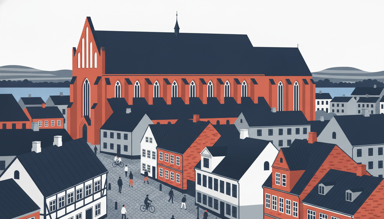 Illustration af Haderslev med domkirkens lange røde murstensskib, det store ubrudte tag og den lille tagrytter, over gamle gader med bindingsværkshuse.