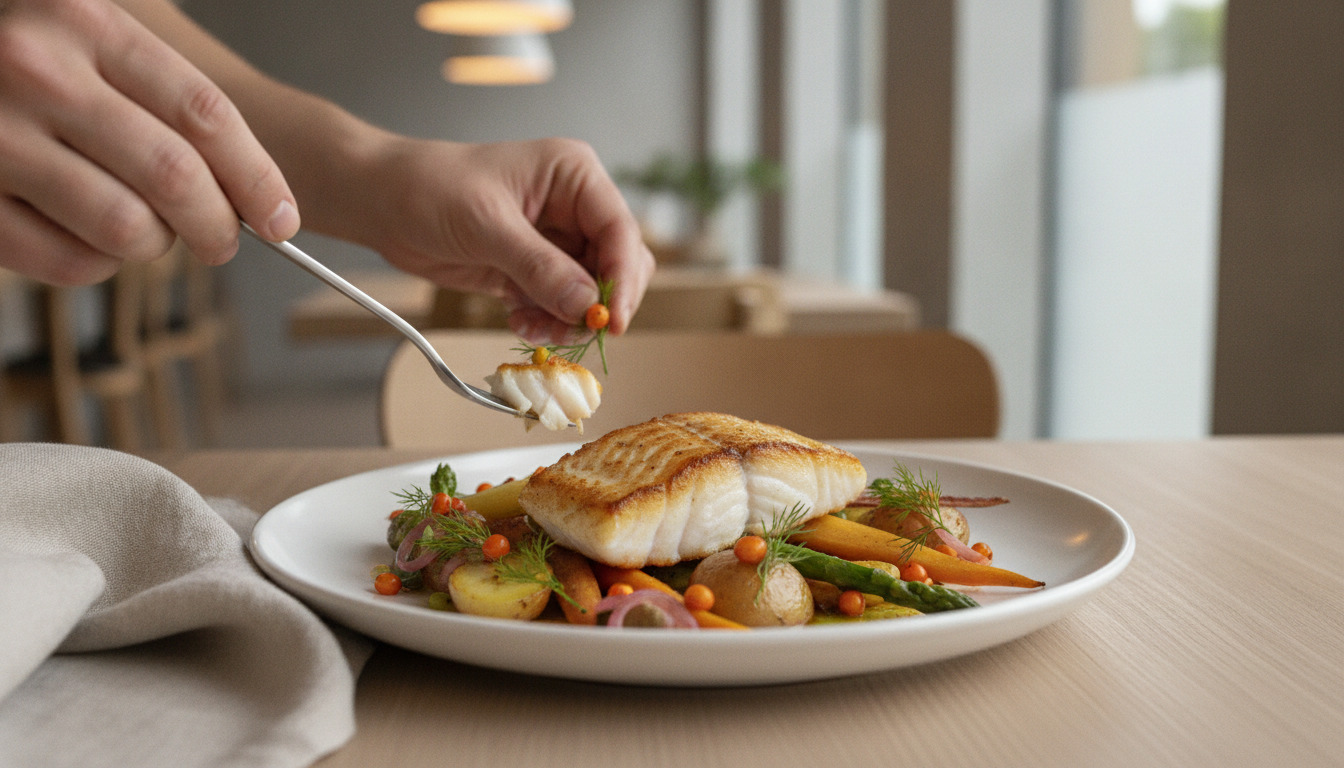 Hånd med gaffel løfter appetitivt fiskestykke med kartofler og grønsager på hvid plade.