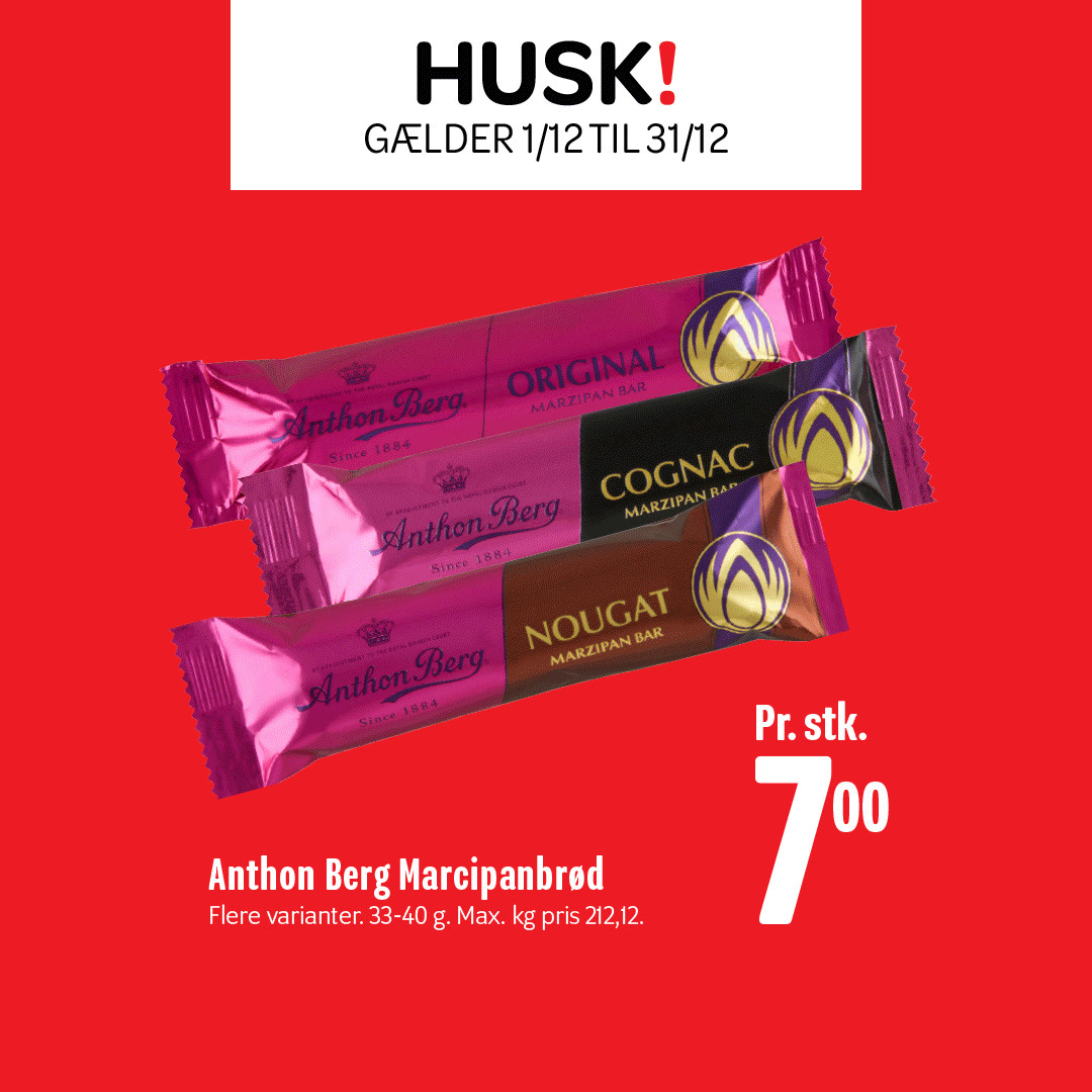 Nye HUSK!-priser hos Min Købmand, Nim: Anthon Berg marcipanbrød til 7 kr. og mere hele december