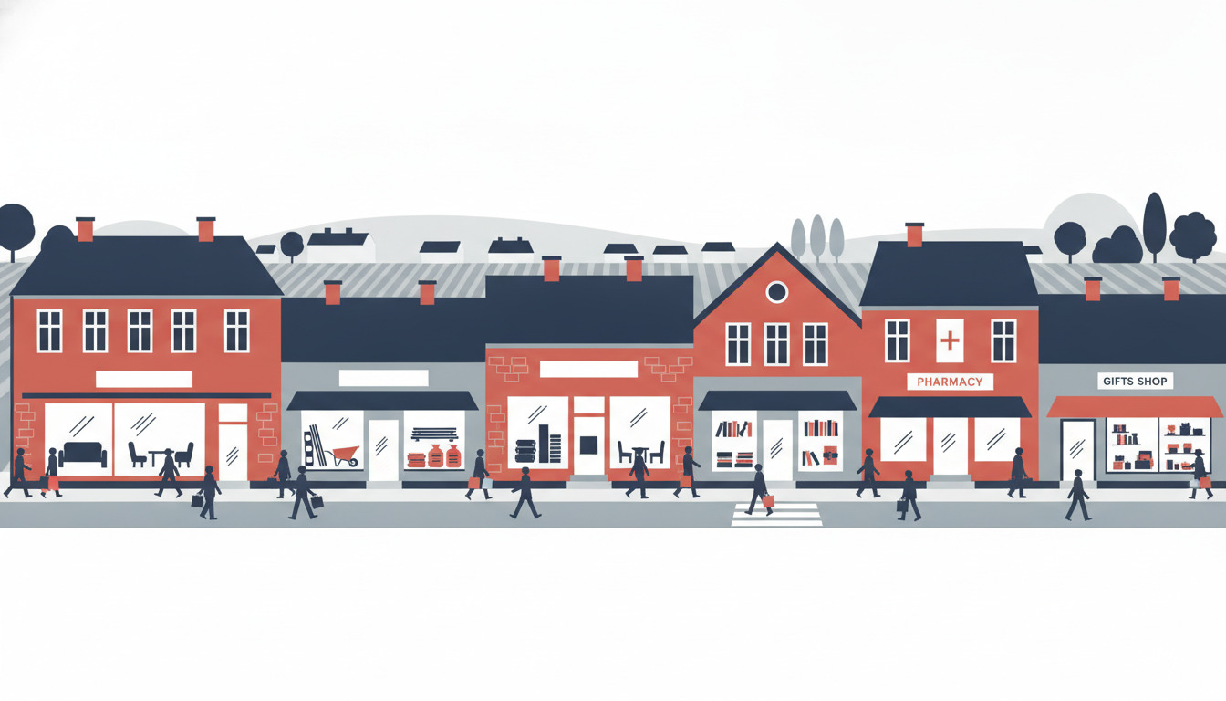 Hadsunds butikskvarter på Storegade: en livlig række af detailbutikker, herunder møbelforretning, byggematerialer, boghandel, apotek og gaveshop med travle gående og karakteristisk dansk arkitektur.
