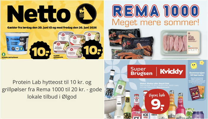 Protein Lab hytteost til 10 kr. og grillpølser fra Rema 1000 til 20 kr. - gode lokale tilbud i Ølgod