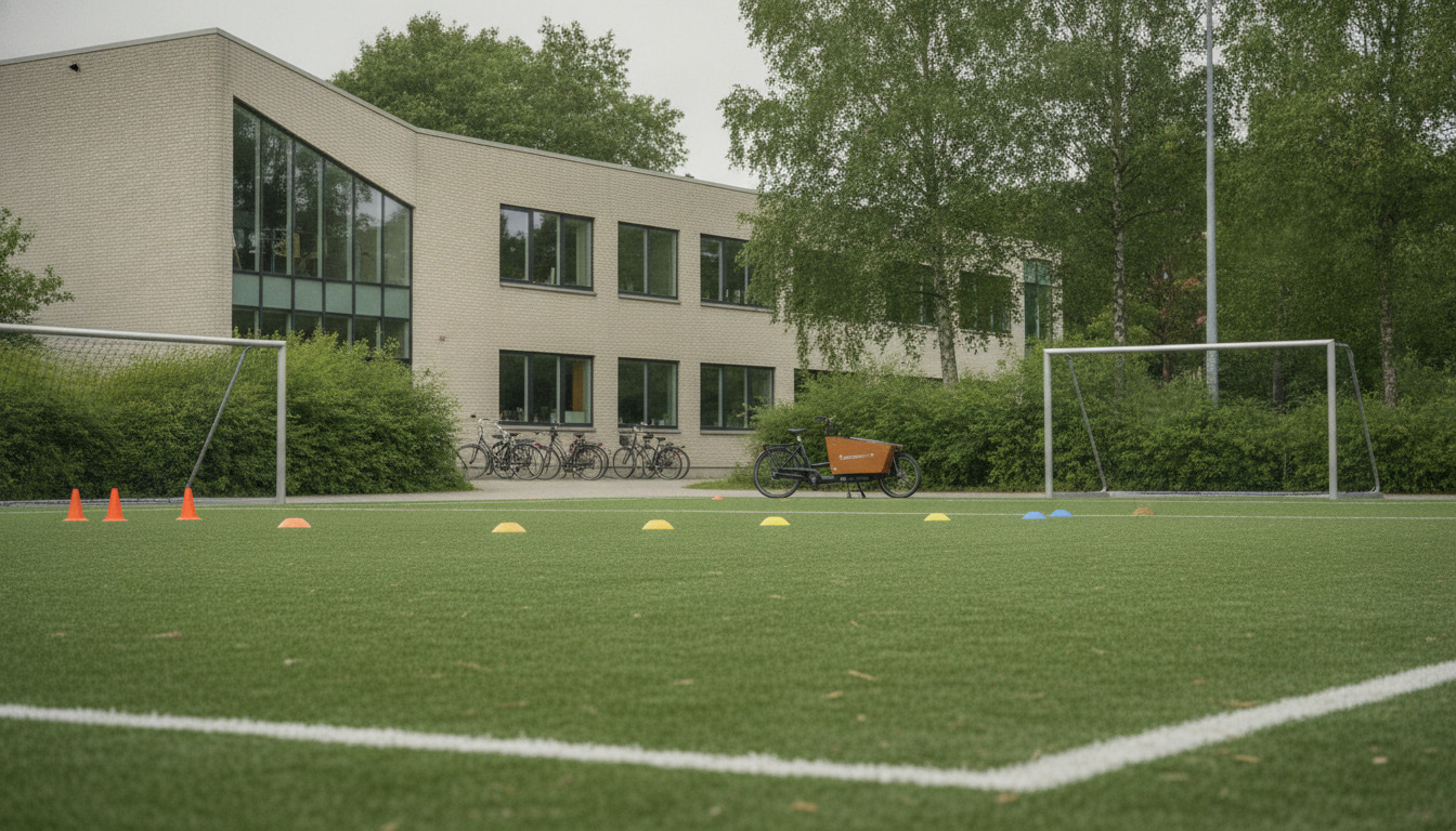 Kunstigtgræs-sportsbane med træningsudstyr, målstænger og moderne byggeri i baggrunden.