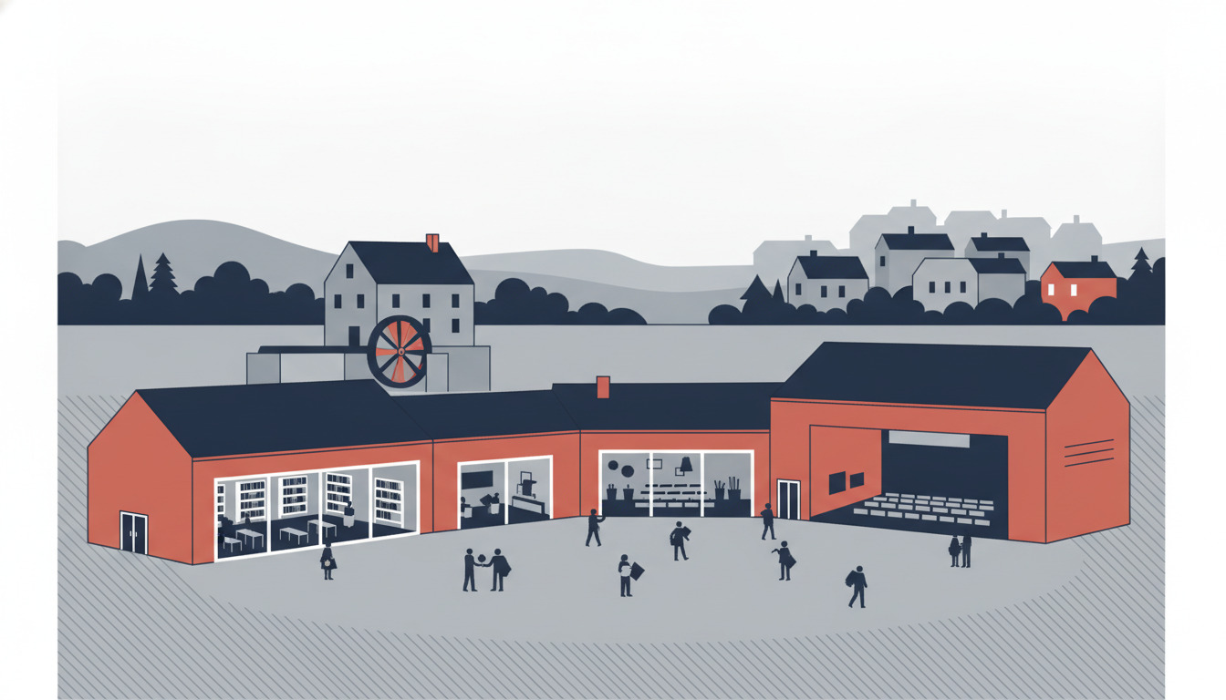 Flad vektorillustration af kulturhubben MarKant i Børkop: en koralrød moderne bygning med bibliotekshylder, værkstedspladser og forelæsningssal åbende ud til et torv. Historisk vandmølle med rød hjul synlig bagved, indrammet af træer, bakker og boligbygninger på den anden side af vandet.