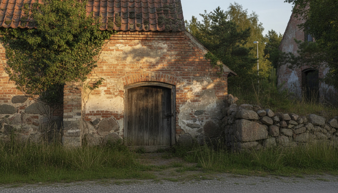 Detalje af vejret slidt mursten og mos på gamle landsbygninger fra landsdelen.