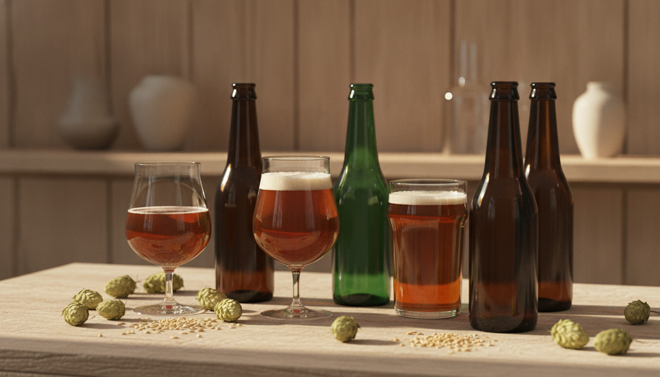 Ølflasker og glas med håndværksøl på træbord med humle og maltbilleder i varmt lys.