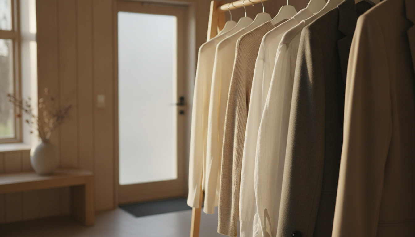 Neutrale damekjole på træhængere i blidt dagslys — cashmere, linned og strukturerede blazere i varme toner.