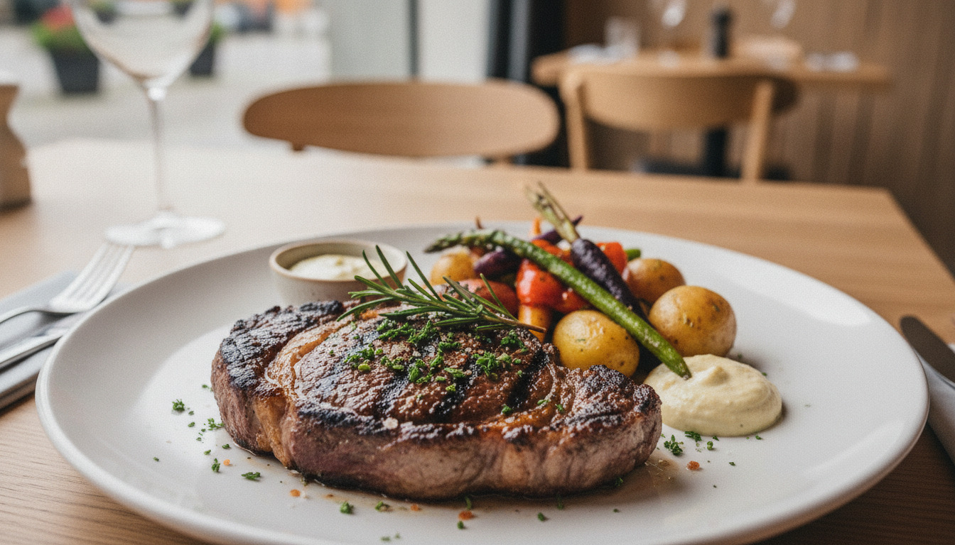 Grillet oksebøf på hvid tallerken med grøntsager, urter og kartofler, restaurant-setting.