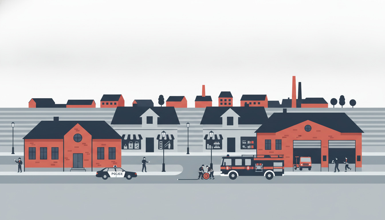 Flad vektorillustration af Skjerns redningsberedskab: en rødt-murstenslaget politistation og brandstation med parkeret politibil og brandkøretøj, uniformeret personale og lokalt bybilledets baggrund.