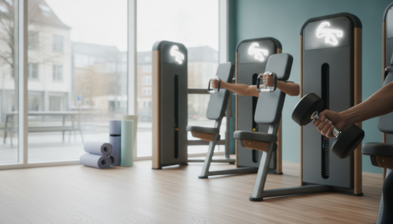 Hænder holder håndvægte i et fitnesscenter med træningsudstyr og store vinduer med nordisk lys.