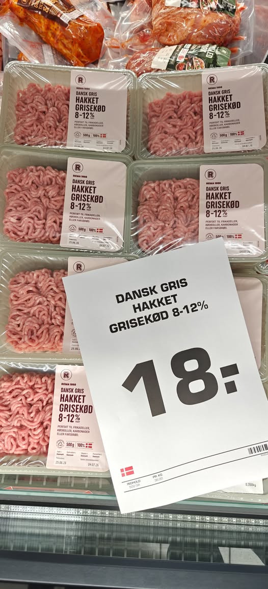 Rema 1000 Hals tilbyder dansk hakket grisekød til 18 kr. i dag