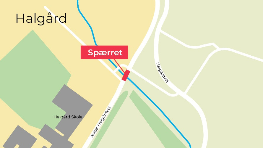 Midlertidig vejafspærring på Vester Halgårdvej gr. broarbejde ved Halgård Bæk