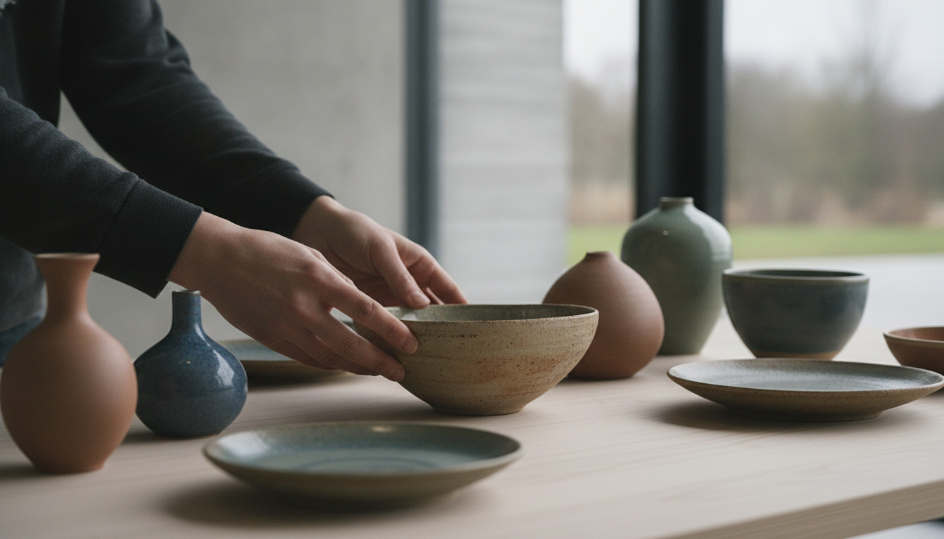 Hånd berører en håndlavet keramikskål blandt andre pottery-stykker på en arbejdsbord i blidt lys.