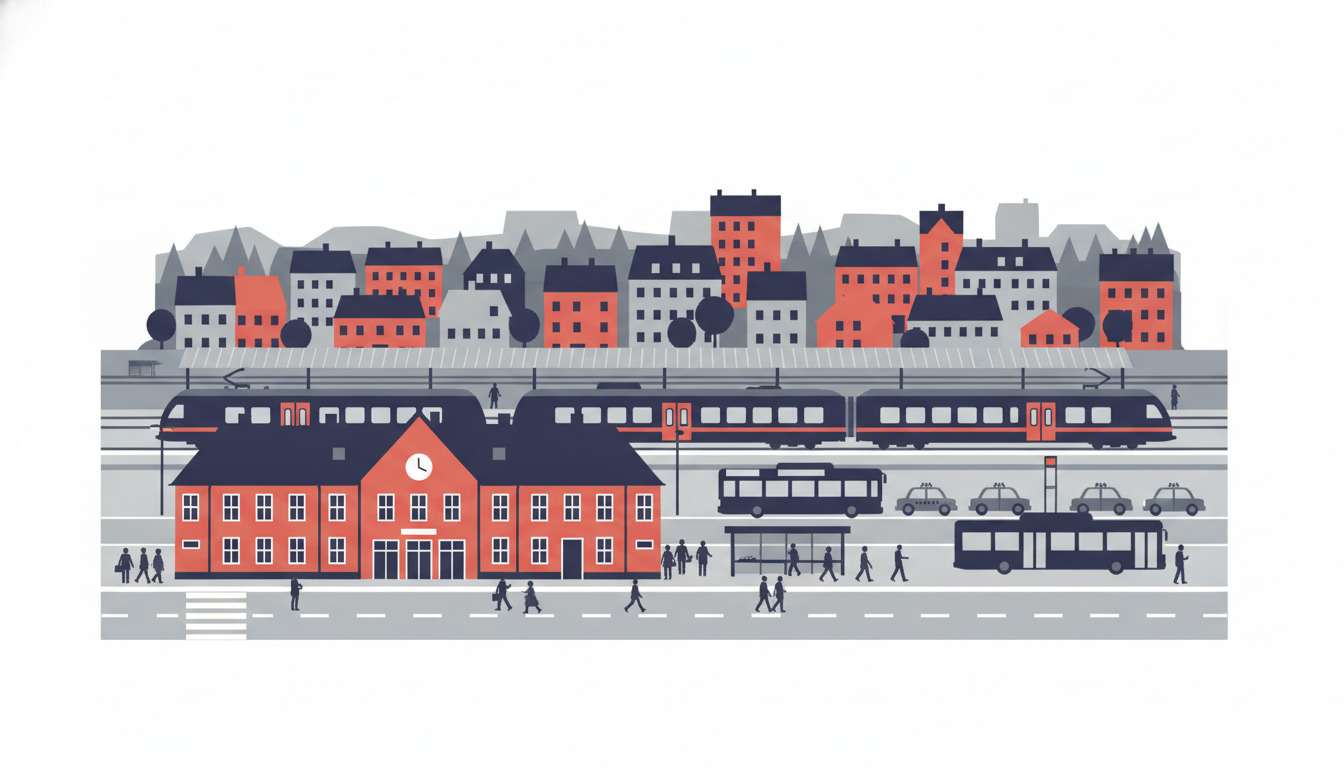 Flad vektorillustration af Næstveds transportknudepunkt: rødt mursten-stationsbygning med klokkettårn, regionaltog ved perronerne, elektriske busser, taxaer og pendlere i travl byby-miljø omgivet af byens skyline.