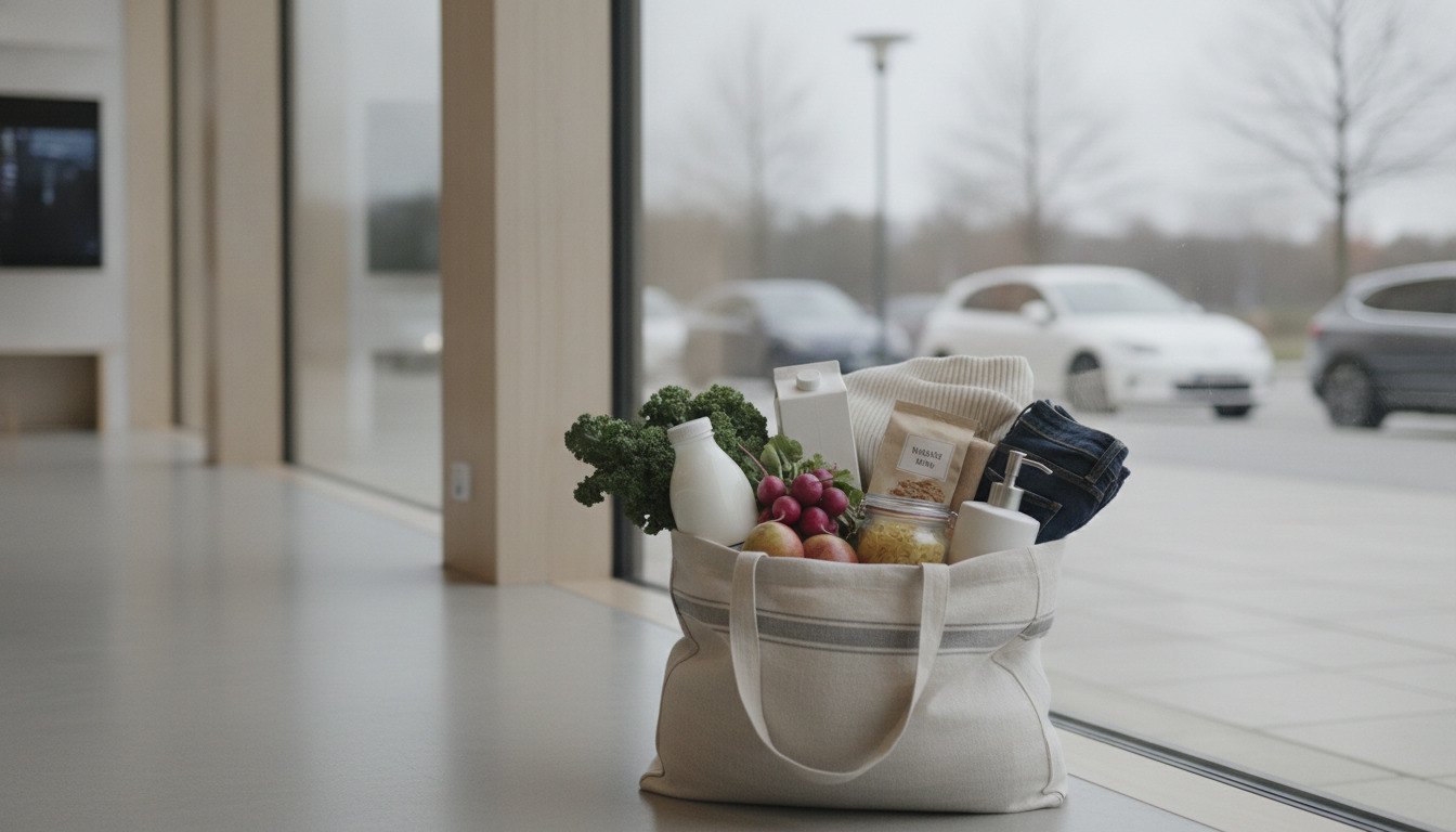 Indkøbsnet fyldt med friske grøntsager, mælkeprodukter, pakket mad og tekstiler på hvid overflade.