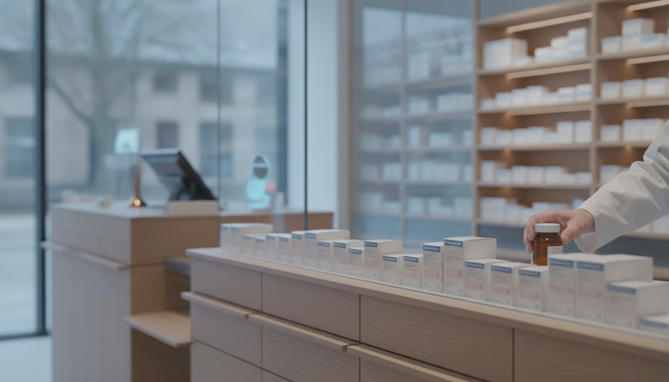Apotekershand i hvid kittel når efter medicinflasker på apotek-disk.