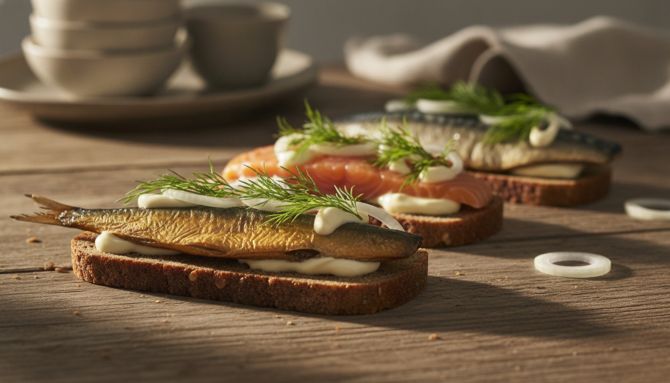 Røget fisk på rugbrød med dild, mayonnaise og løg på træbord i varm lys.
