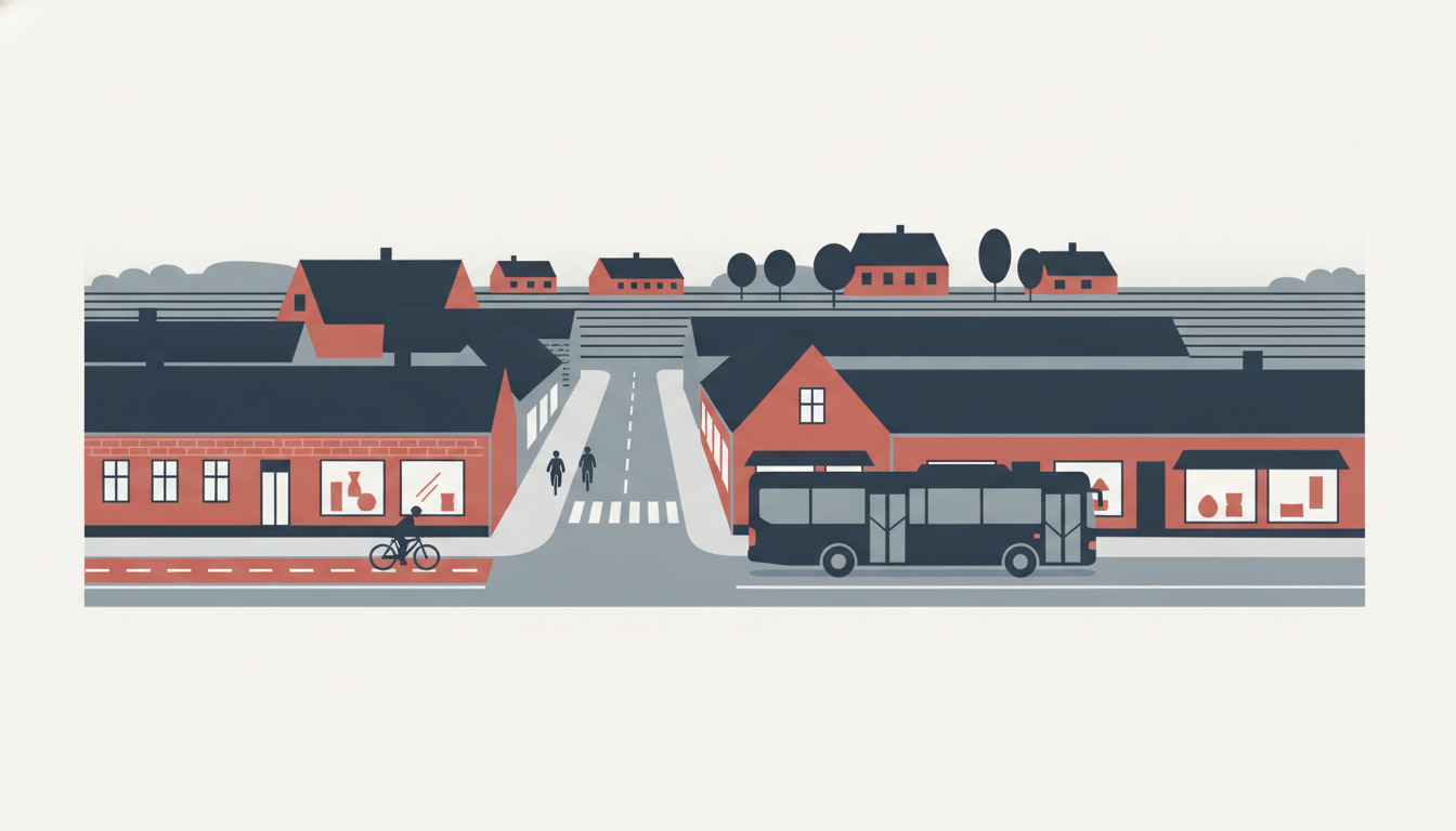 Fjerritslev gadesce: regionalbuskan ved vejkryds med røde murstensbyggerier, cyklister på cykelsti, beskeden taglinje med fladt dansk landskab i baggrunden.