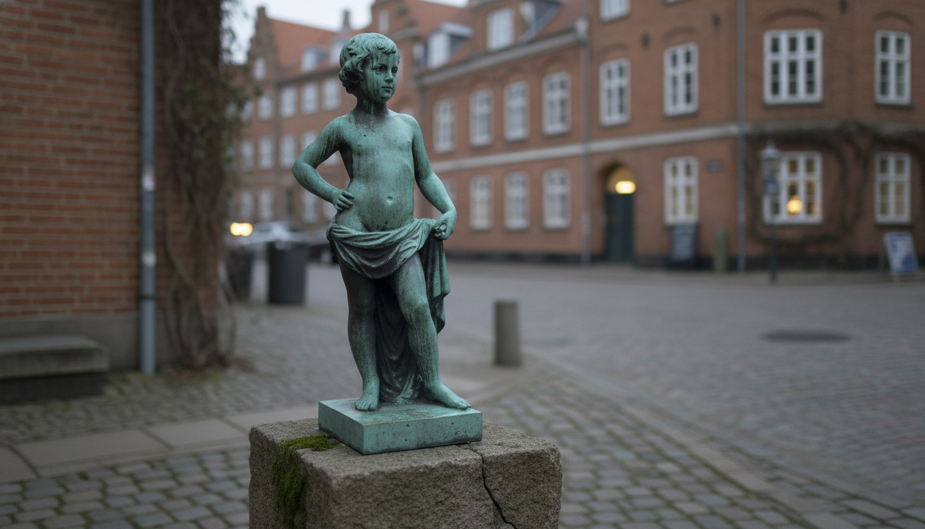 Detaljeret bronzestatue af en lille dreng i klassisk pose på stenplade, med uskarp baggrund.