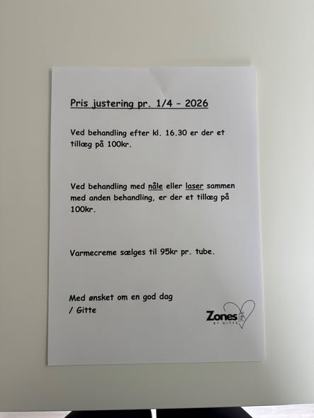 Zones By Gitte annoncerer prisjustering på behandlinger i april 2026