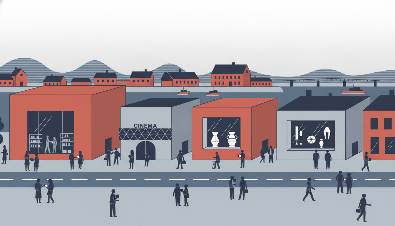 Flad vektorillustration af kulturelt knudepunkt med rødt murstensbibliotek med store vinduer, central biograf med lysreklame, museumsgallerier som viser keramik og genstande, mennesker på gaden, vandkantbygninger og bro i baggrunden.