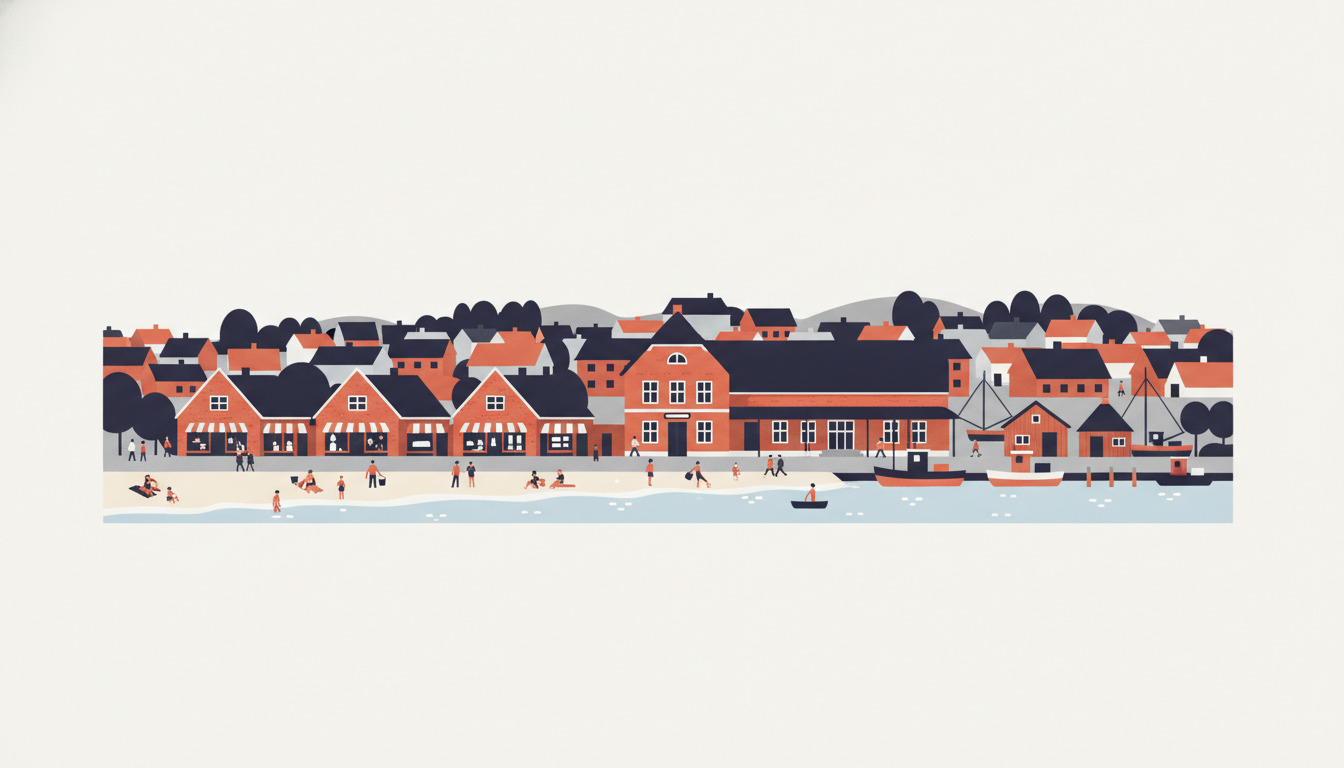 Flad vektorillustration af kystbyen Hornbæk: orange-røde sommerhytter med mørke tage, strandgæster på sandstrand, fiskerbåde i Øresund-vandet, mørke træer, historisk maritim karakter.