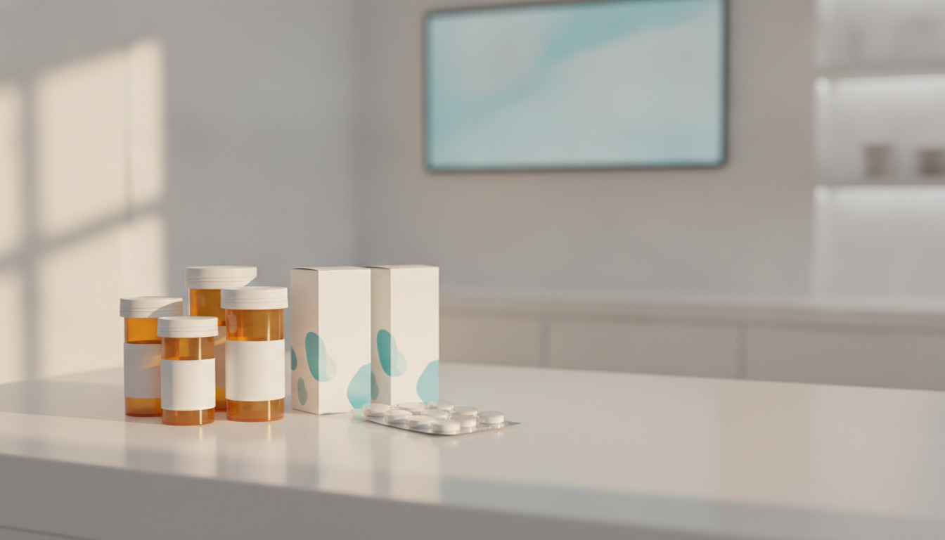 Apotekerbordplads med receptflasker, medicinkasser og pilleblister på hvid overflade i naturligt lys.