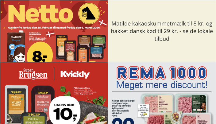 Matilde kakaoskummetmælk til 8 kr. og hakket dansk kød til 29 kr. - se de lokale tilbud