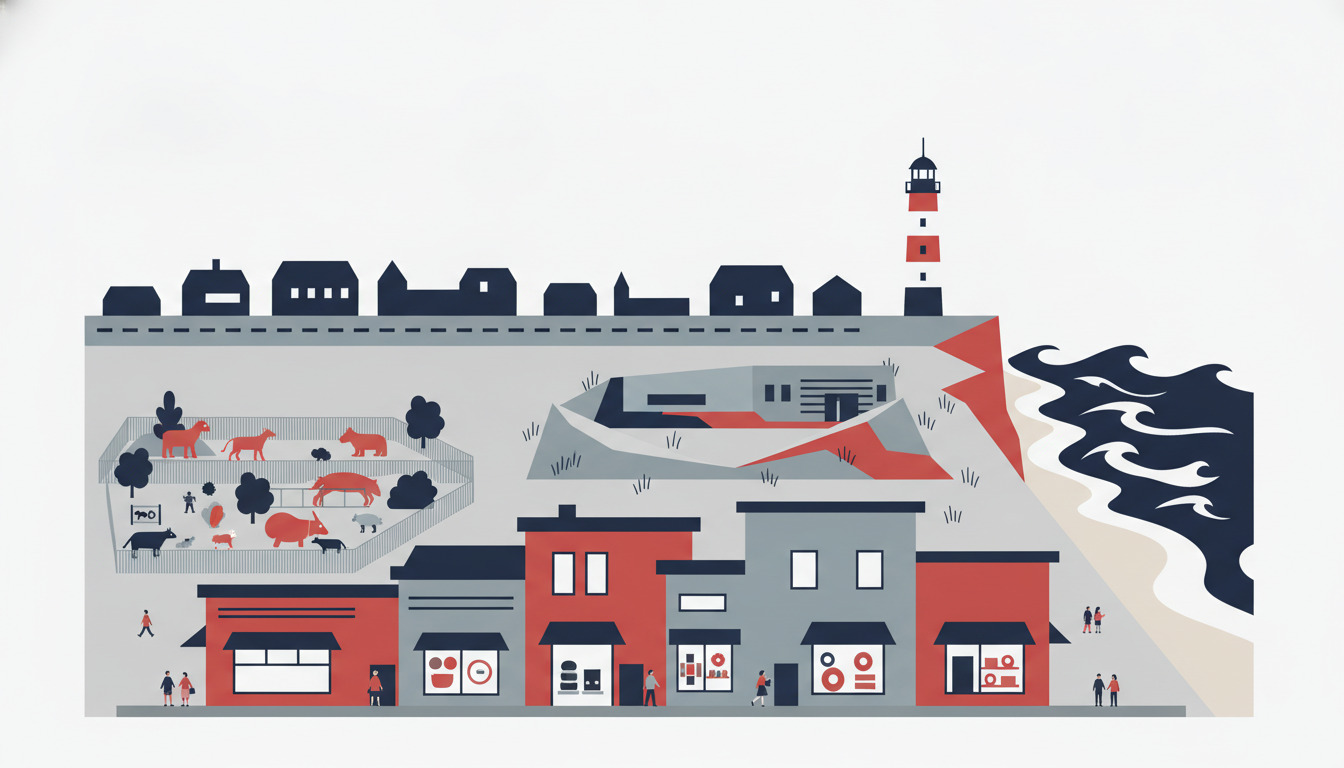 Blåvands hovedattraktioner: et rødt-hvidt stribetMunicipality lighthouse med blå top på klippen, et moderne bunkermuseum med buet arkitektur, en zooindhegning med dyr i klitterne, sandstrand og mørke Nordsøbølger.