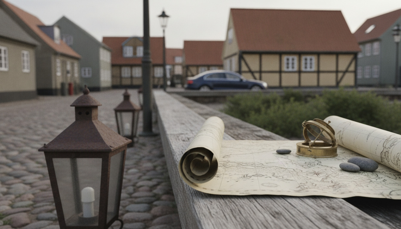 Nærbillede af gamle søkort, kompas og lanterne på træbræt med nordisk lys.