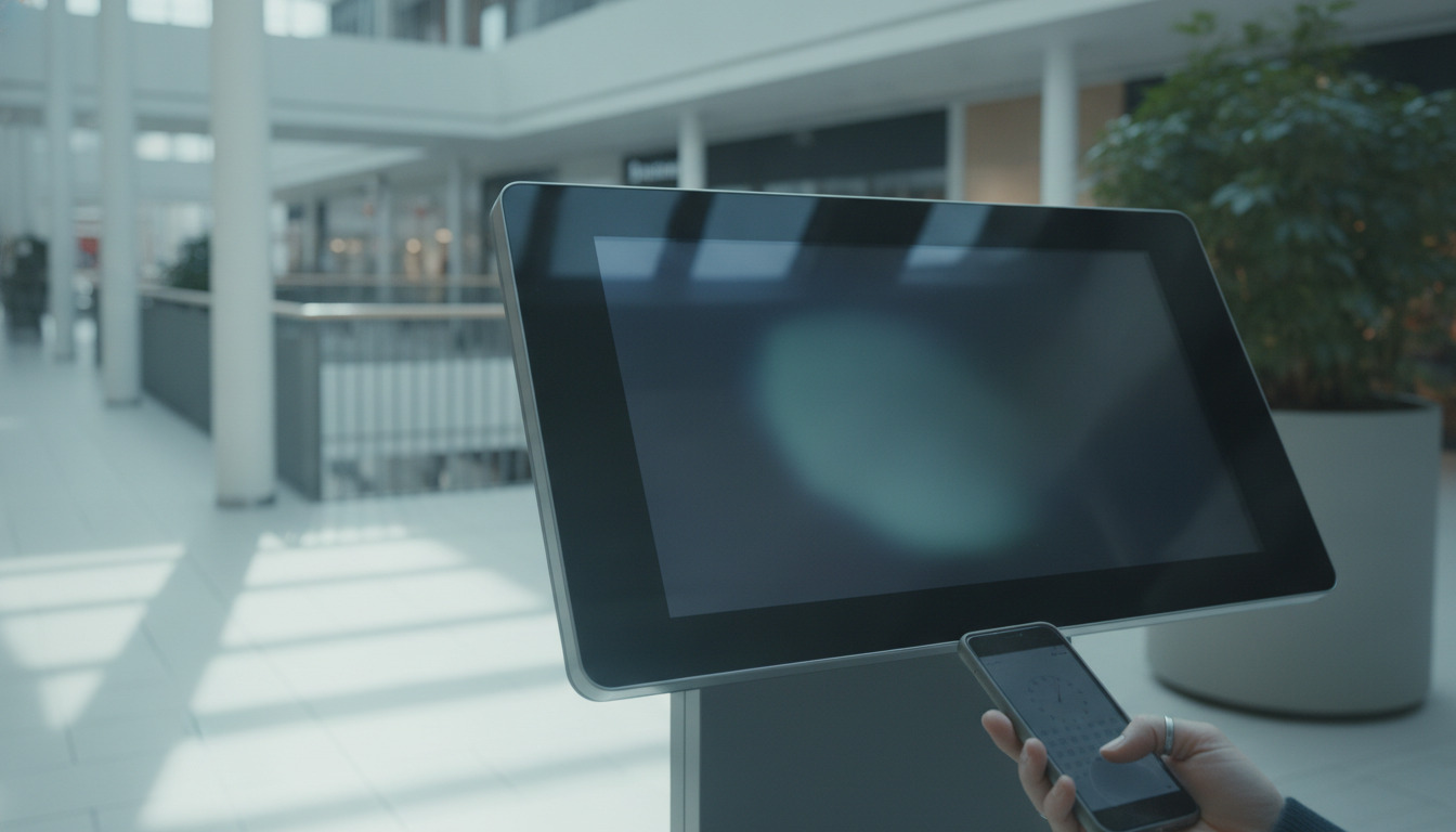 Hånder holder smartphon foran digital skærmvisning med mørk skærm i minimalistisk indendørsmiljø.