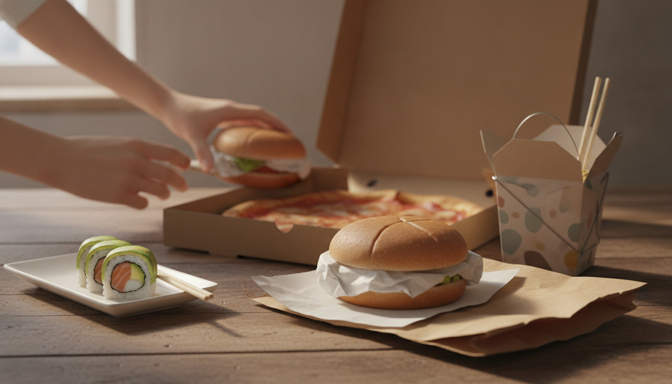 Takeaway-mad på træbord i naturligt lys: sushi, burger, pizza og asiatisk mad i æsker.