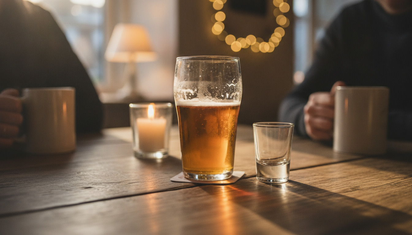 Ølglas og snapsglas på træbord med stearinlys og varm belysning i baggrunden.