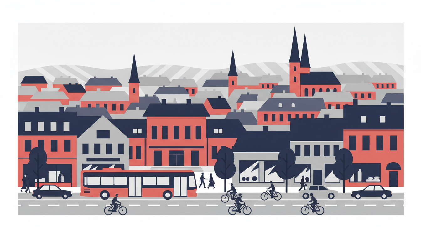Fladvektor-illustration af en dansk bykerne med cykelister, fodgængere, parkerede biler og en rød bus, der passerer træbeplantede butikker og bygninger; kirkespir og station ses i bylandskabets baggrund.
