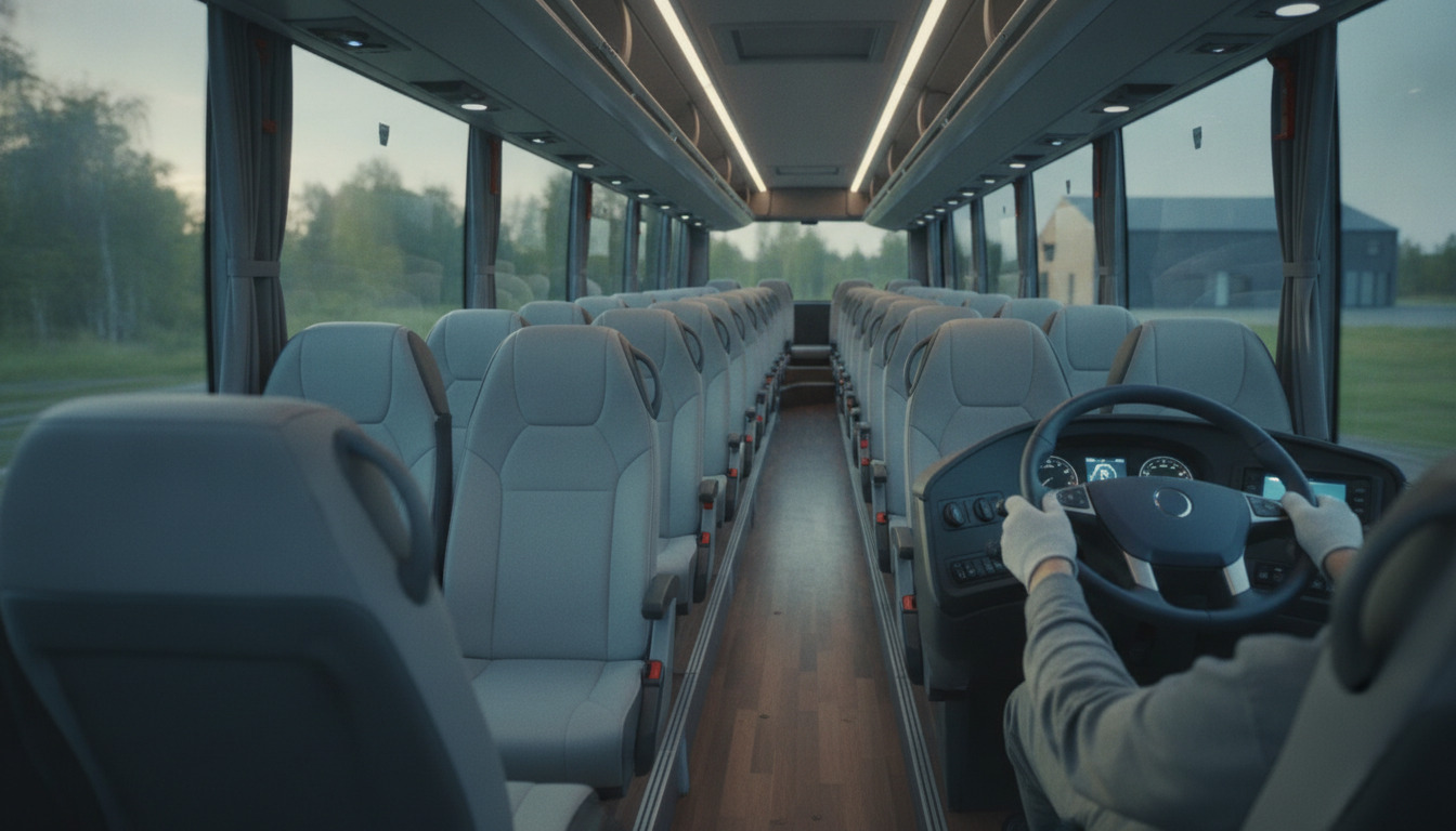 Interiør af moderne turbus med lyseblå sæder, fotograferet fra førersædet med hænder på rattet.