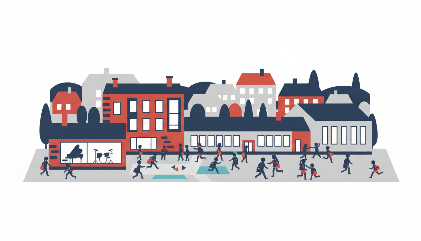 Flade illustration af dansk skolecampus med røde og grå bygninger, store vinduer, og børn som leger og går mellem byggeri på skolegården.