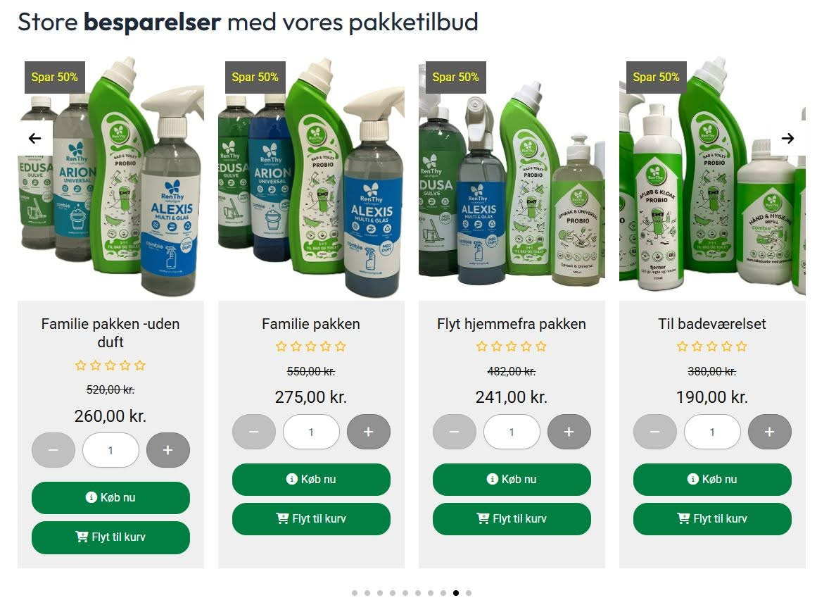 RenThy Naturligvis tilbyder 50% rabat og fri fragt på bæredygtige rengøringspakker