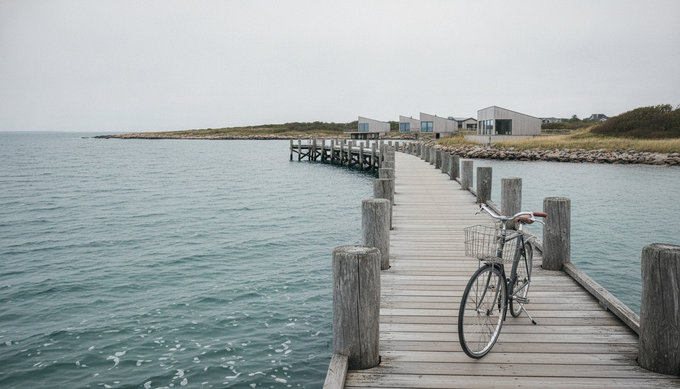 Cykel lænet mod træpæle på en træbro over roligt blågrønt vand med trætkonstruktioner.