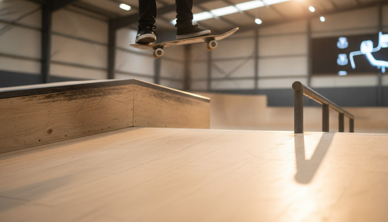 Tæt på træ-rampe og -gelænder med skateboard-hjul i bevægelse, varm belysning og poleret træ-tekstur.