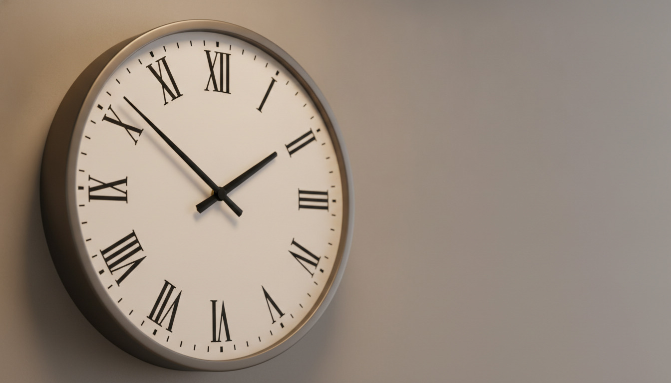 Tæt billede af analog ur med romertalstal på neutral væg, symboliserende åbningstider.