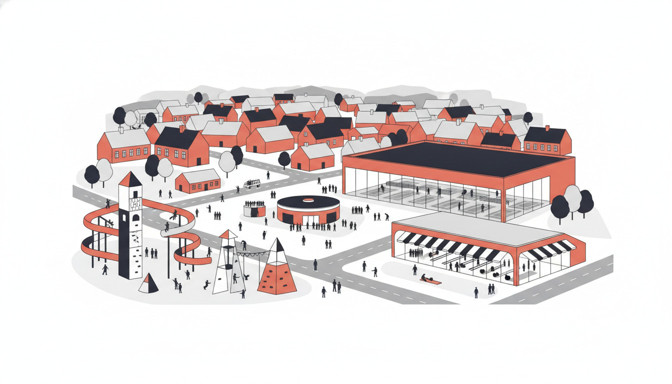 En farverig fritids- og sportscene i Skjern med legeplads, sports- og kulturhal, og mennesker, der nyder aktiviteter i byen.