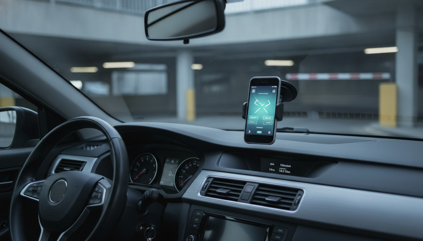 Smartphone med parkeringsapp-grænseflade monteret på bilrudebræt i en bil.