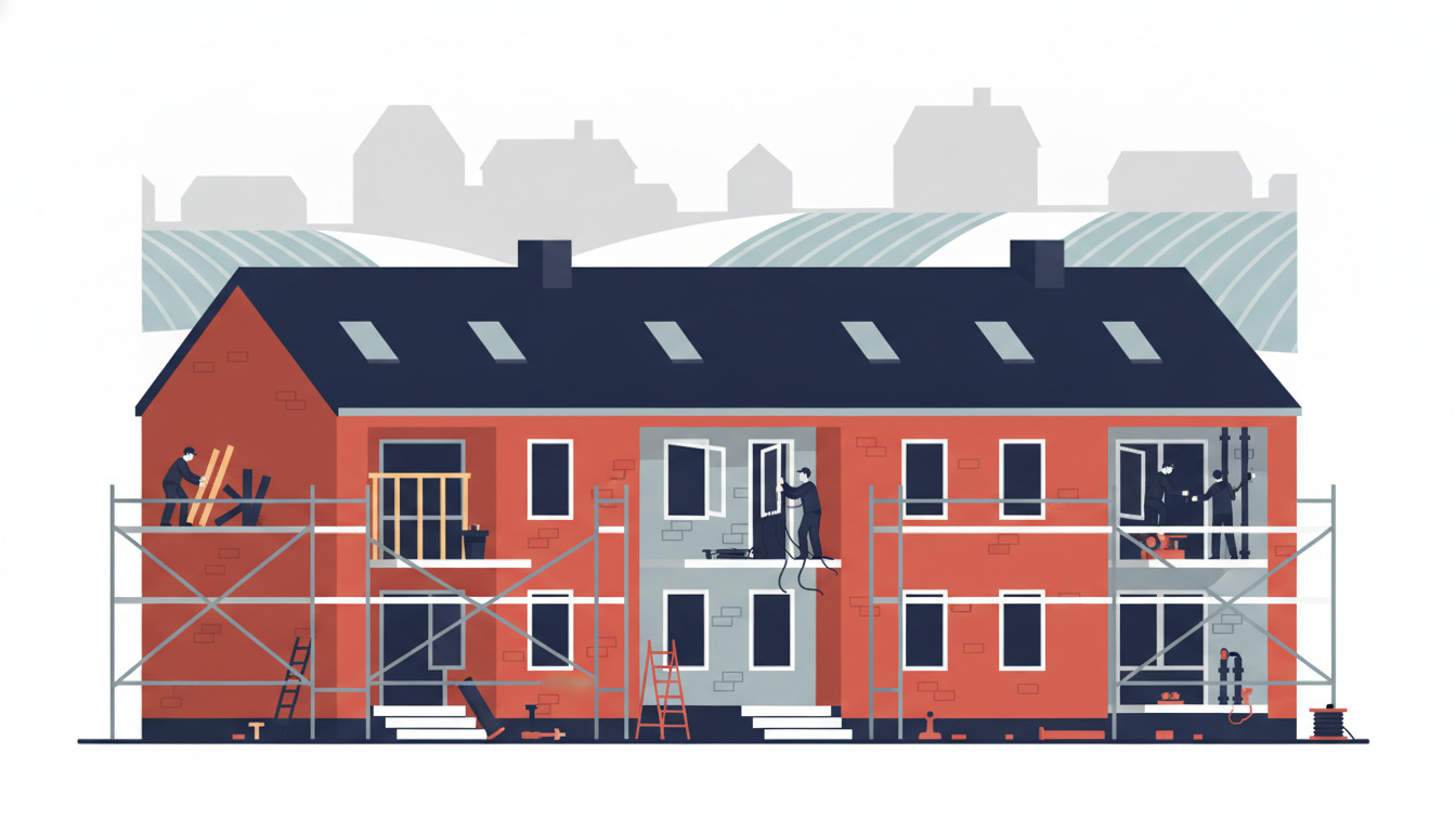 Flad vektorillustration af en rød mursten-boligbygning under renovering, med stilladser, vinduer og håndværkere (tømrer, elektriker, VVS-installatør) der aktivt arbejder på forskellige dele af facaden.